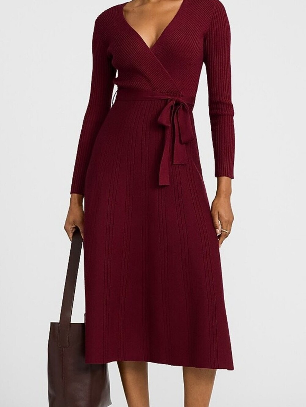 Express Sweater Dress Midi Burgundy Ribbed Mock Wrap Top Belted Size XL